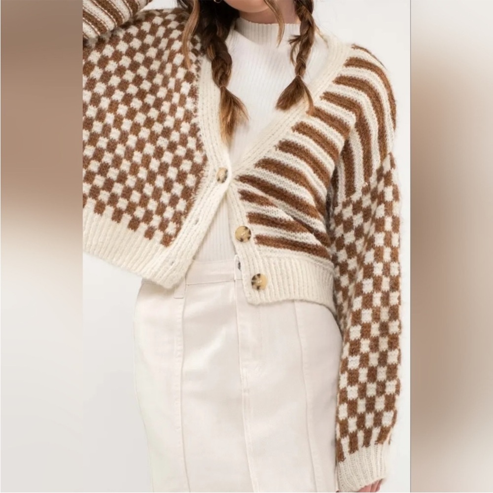 NWOT Blu Pepper fuzzy striped and checkered cropped cardigan sweater